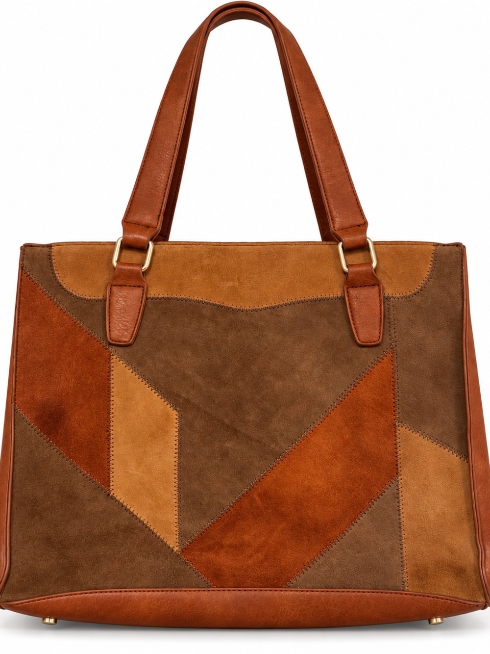 Madison West Patchwork Suede Look Tote Bag Brown Tan Boho Shoulder Purse